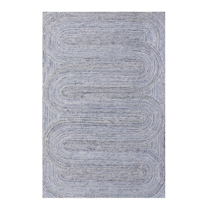 Estuary handwoven wool and denim rug with denim blue contour lines on ivory, in a dining room