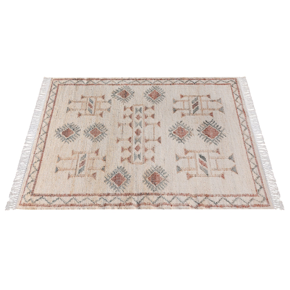 Lok handwoven wool and jute kilim flatweave rug with rust tribal motifs on a natural ground