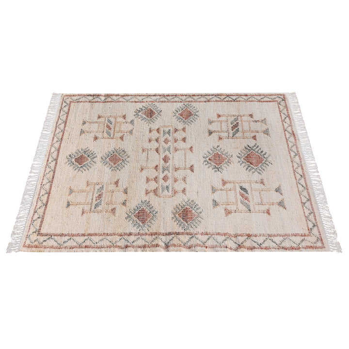 Lok handwoven wool and jute kilim flatweave rug with rust tribal motifs on a natural ground