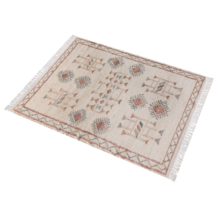 Lok handwoven wool and jute kilim flatweave rug with rust tribal motifs on a natural ground