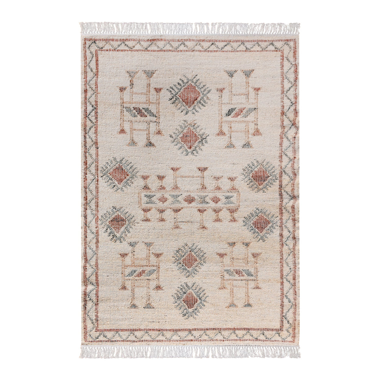 Lok handwoven wool and jute kilim flatweave rug with rust tribal motifs on a natural ground