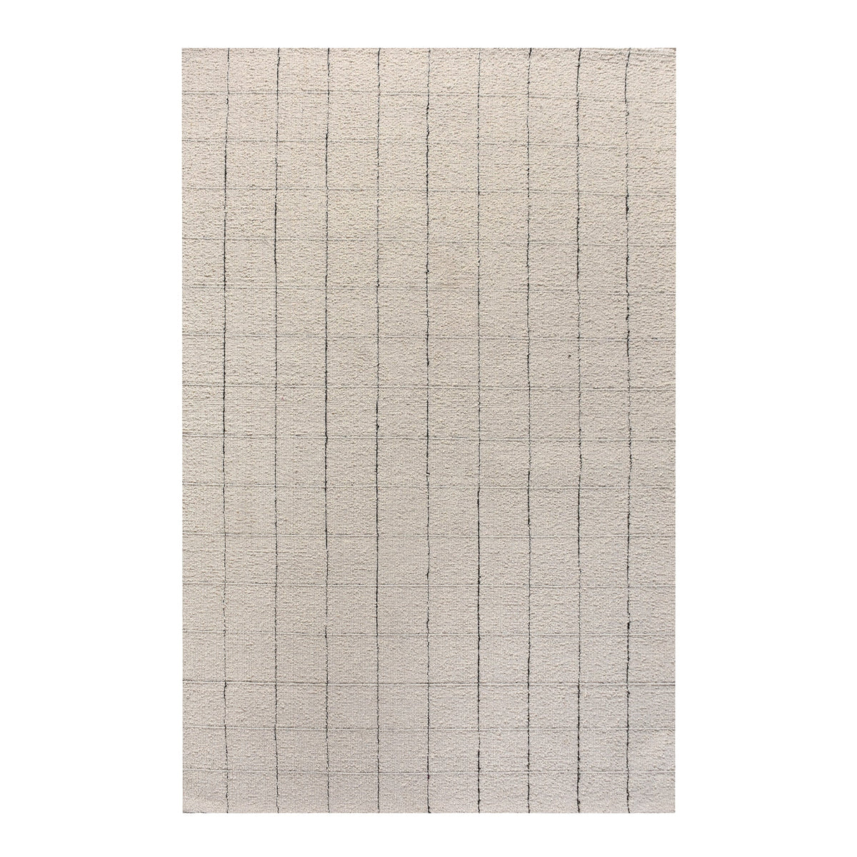 Khidki handwoven wool flatweave rug with fine charcoal grid lines on ivory, in a living room