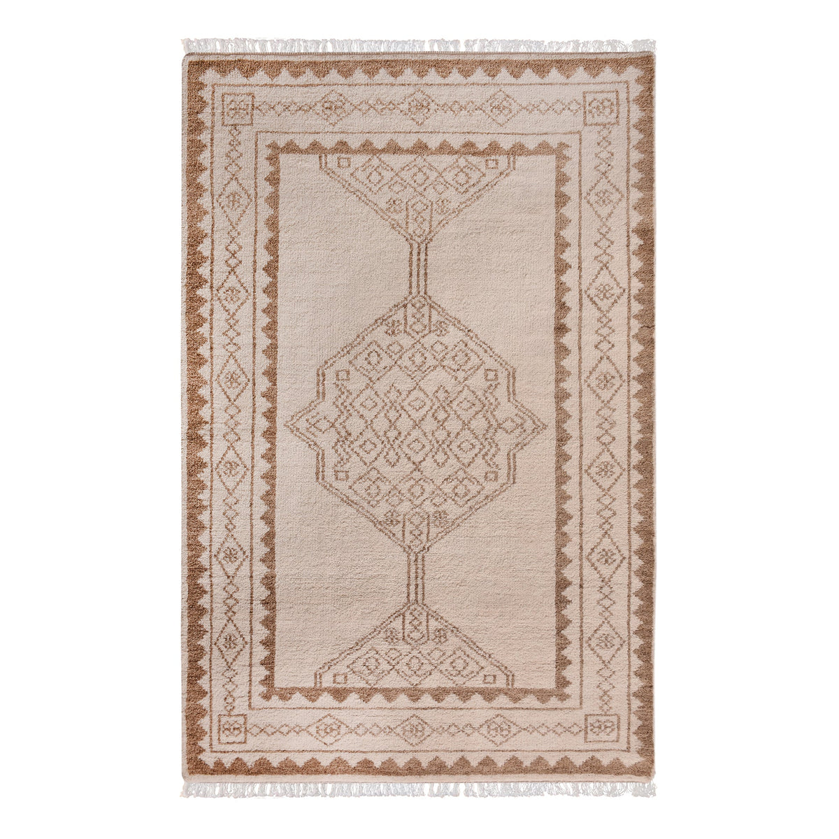 Gulab hand-knotted NZ wool rug with a blush medallion on an ivory field, in a bedroom