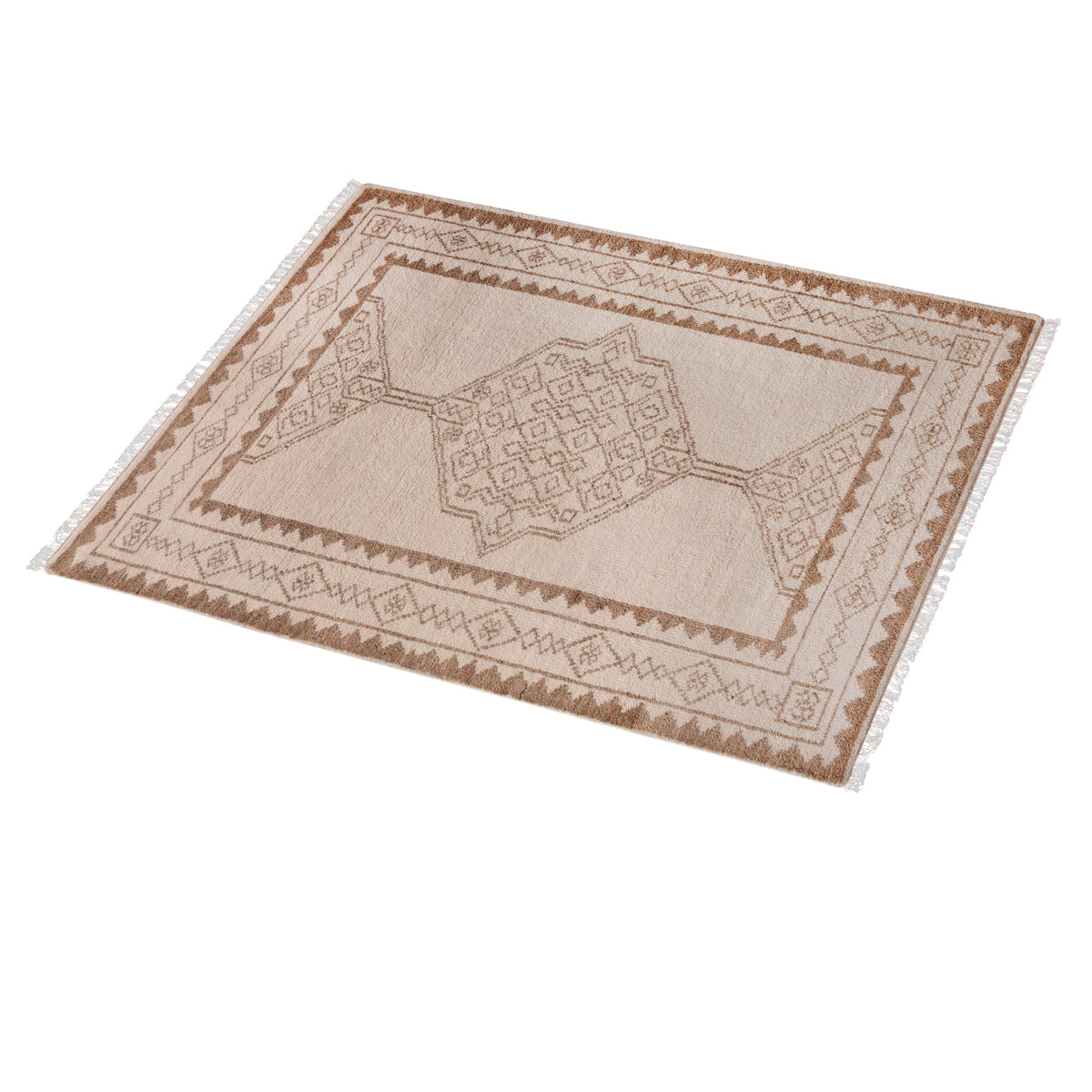 Gulab hand-knotted NZ wool rug with a blush medallion on an ivory field, in a bedroom