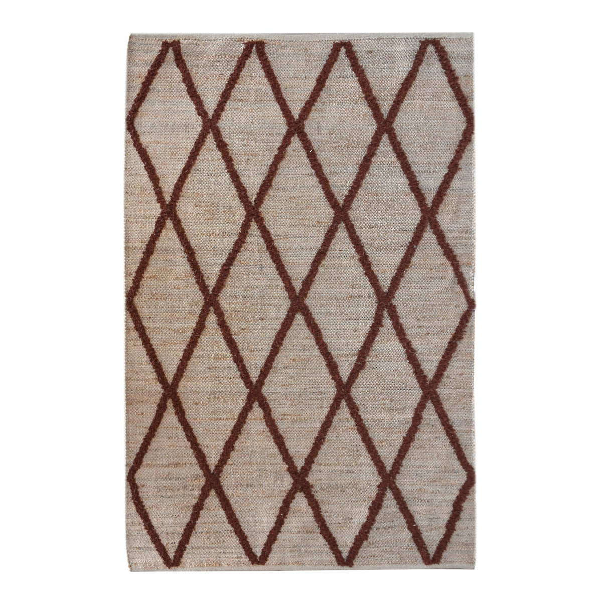 Lantern handwoven ivory hemp and PET rug with a rust diamond lattice, in a living room