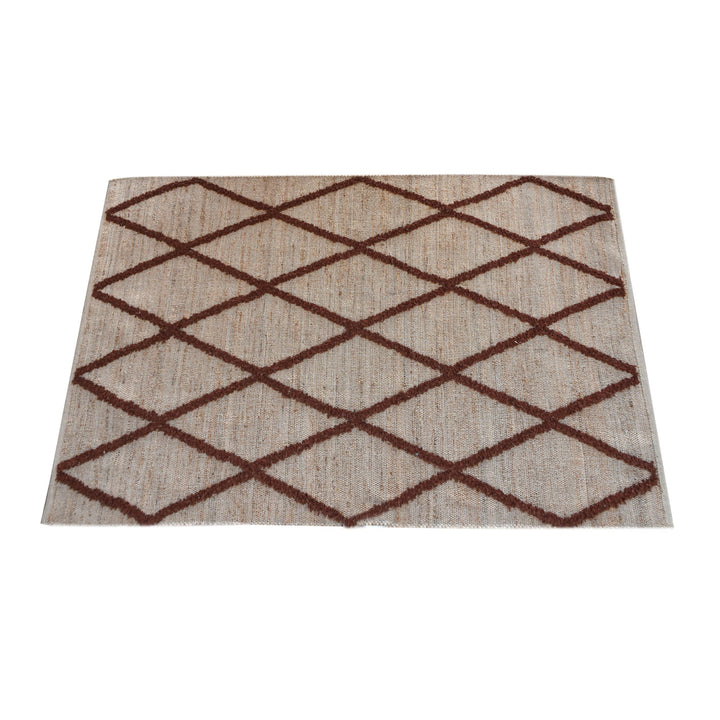 Lantern handwoven ivory hemp and PET rug with a rust diamond lattice, in a living room