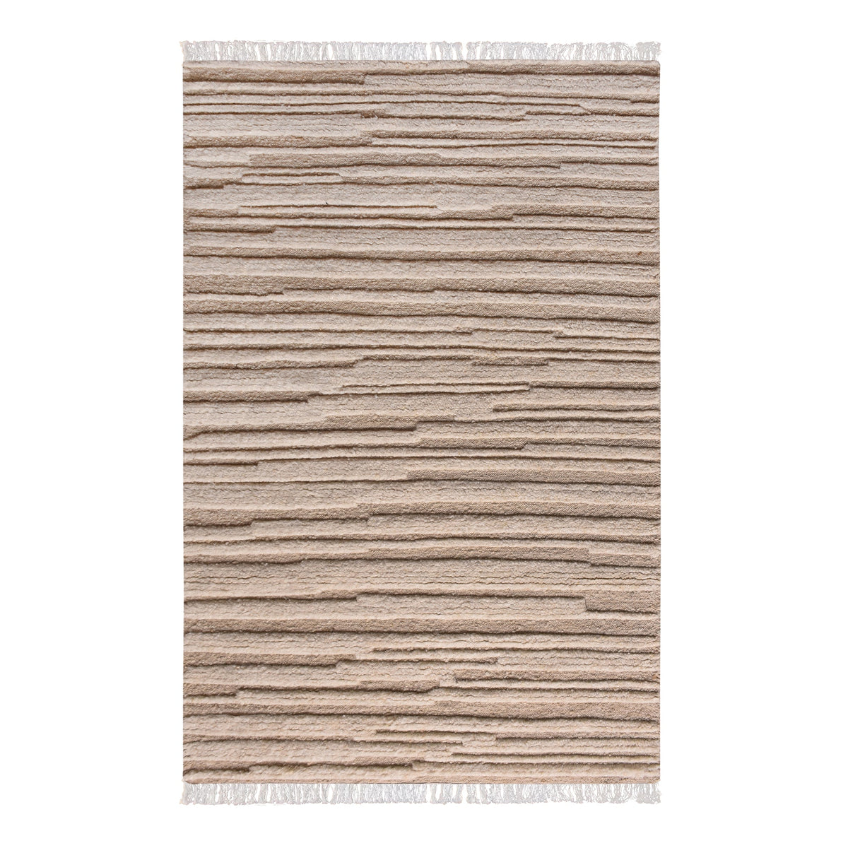 Pankti hand-knotted NZ wool rug in cream and oat with carved vertical stripes, in a dining room