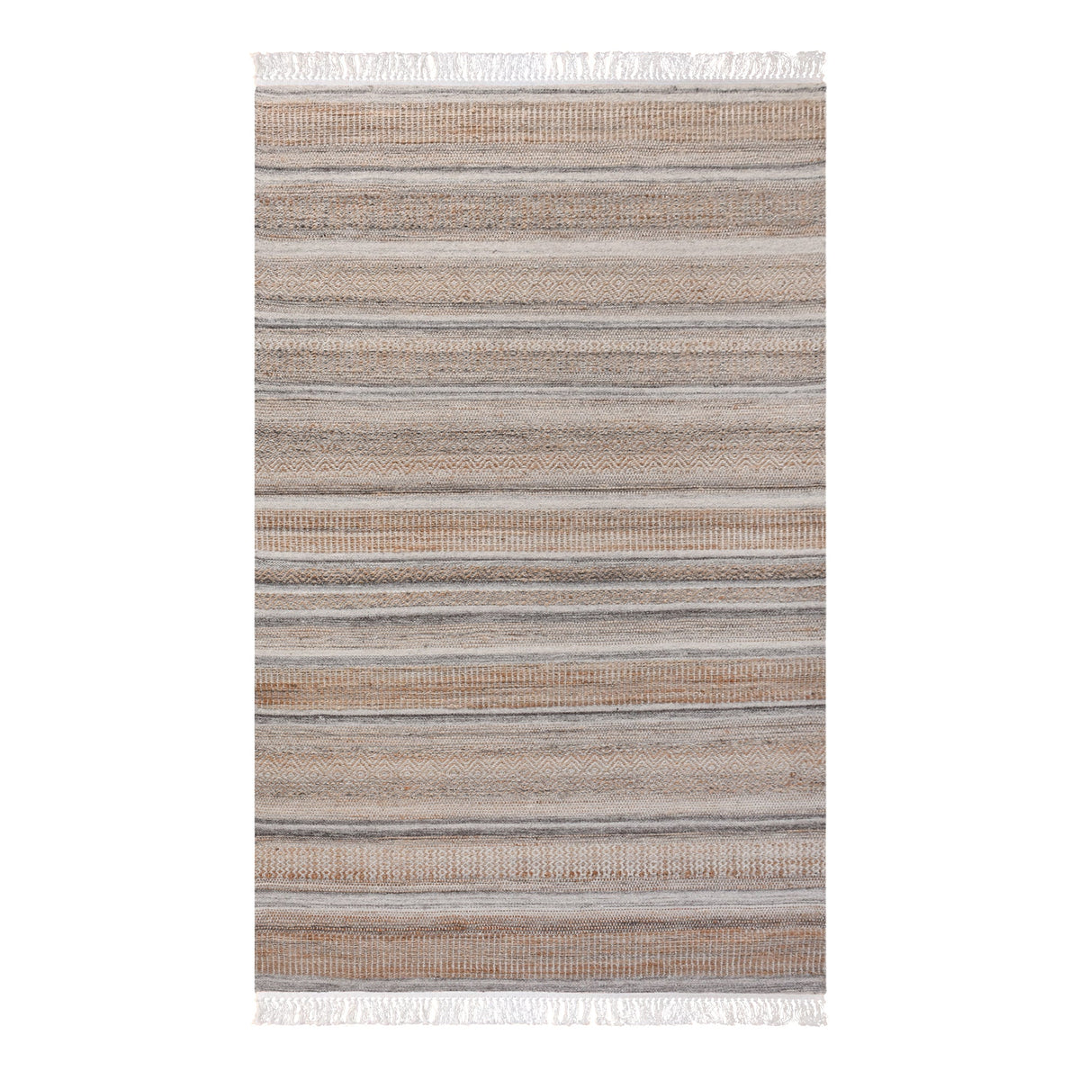 Deckchair handwoven jute and wool rug with broad ivory and tan stripes, in a living room