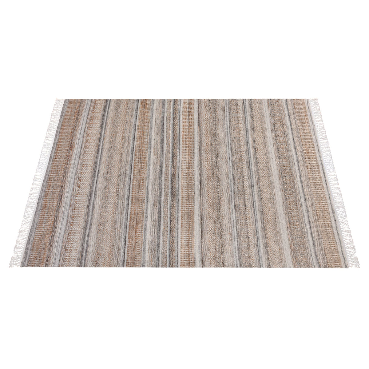 Deckchair handwoven jute and wool rug with broad ivory and tan stripes, in a living room