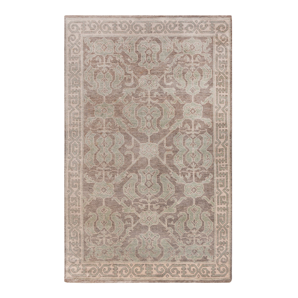 Teacup hand-knotted wool rug with dusty rose Aubusson florals on ivory, in a bedroom
