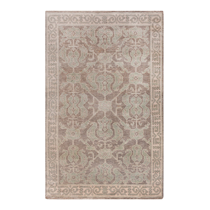 Teacup hand-knotted wool rug with dusty rose Aubusson florals on ivory, in a bedroom