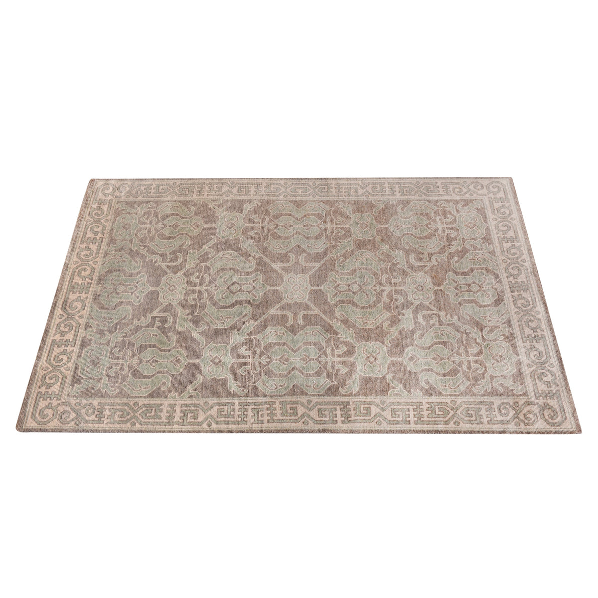 Teacup hand-knotted wool rug with dusty rose Aubusson florals on ivory, in a bedroom
