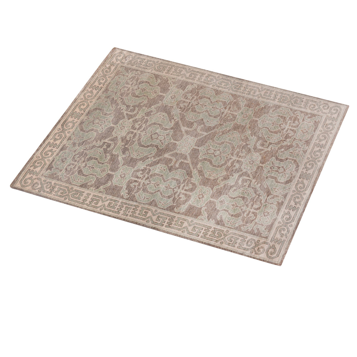 Teacup hand-knotted wool rug with dusty rose Aubusson florals on ivory, in a bedroom