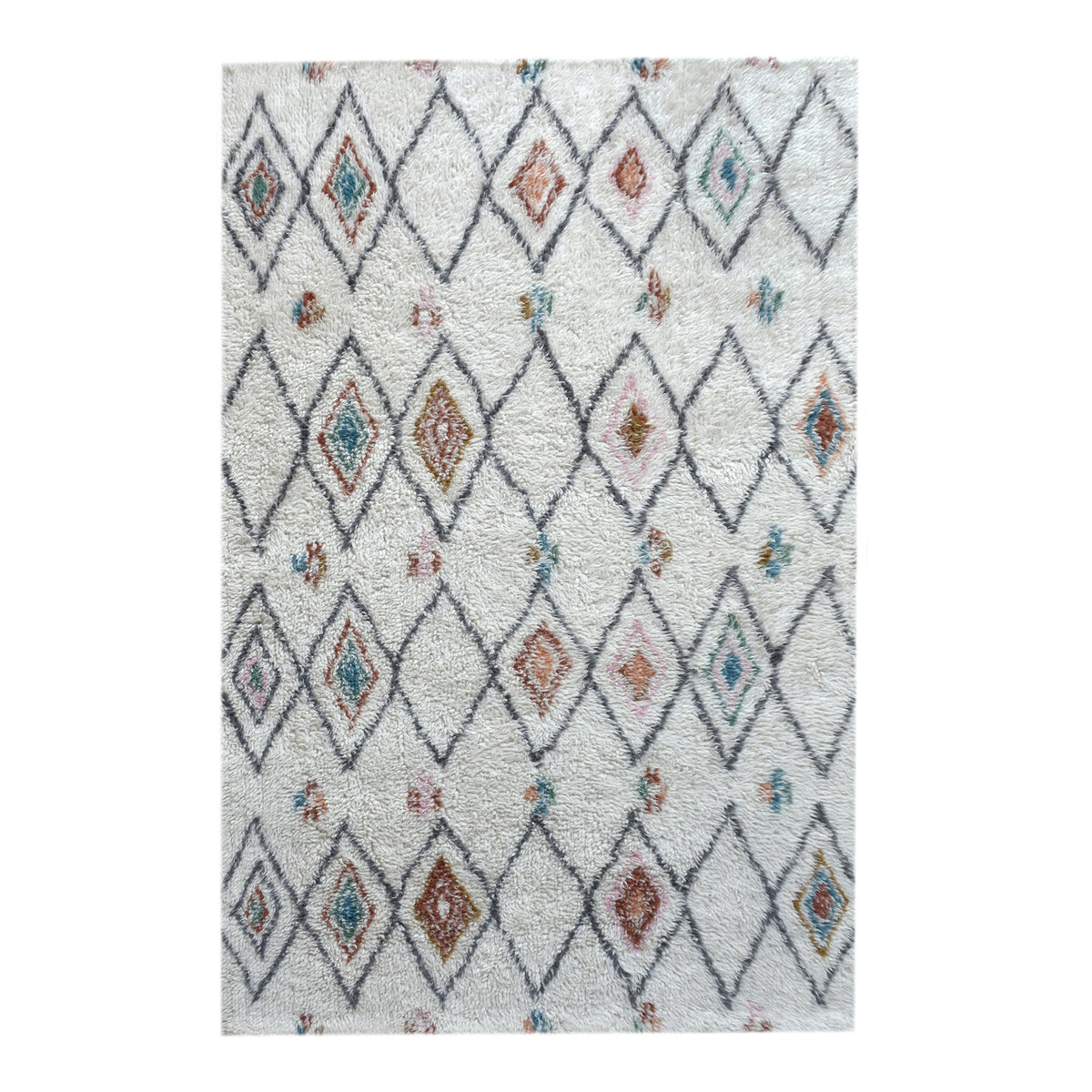 Mela tufted New Zealand wool rug with an ivory lattice and rust, teal and charcoal diamonds