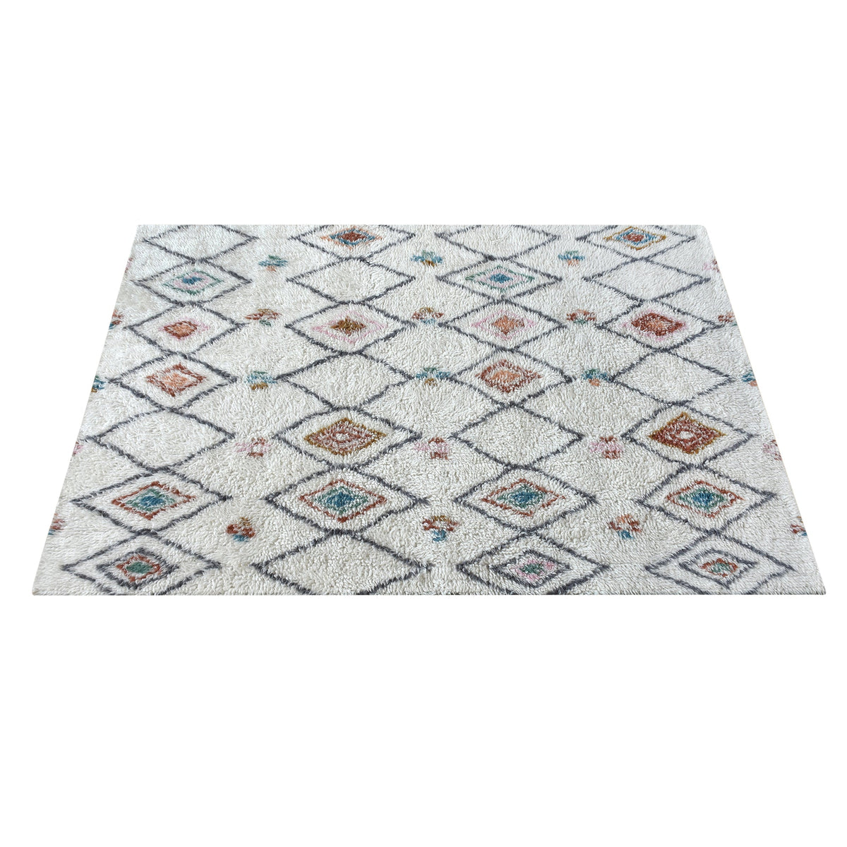 Mela tufted New Zealand wool rug with an ivory lattice and rust, teal and charcoal diamonds