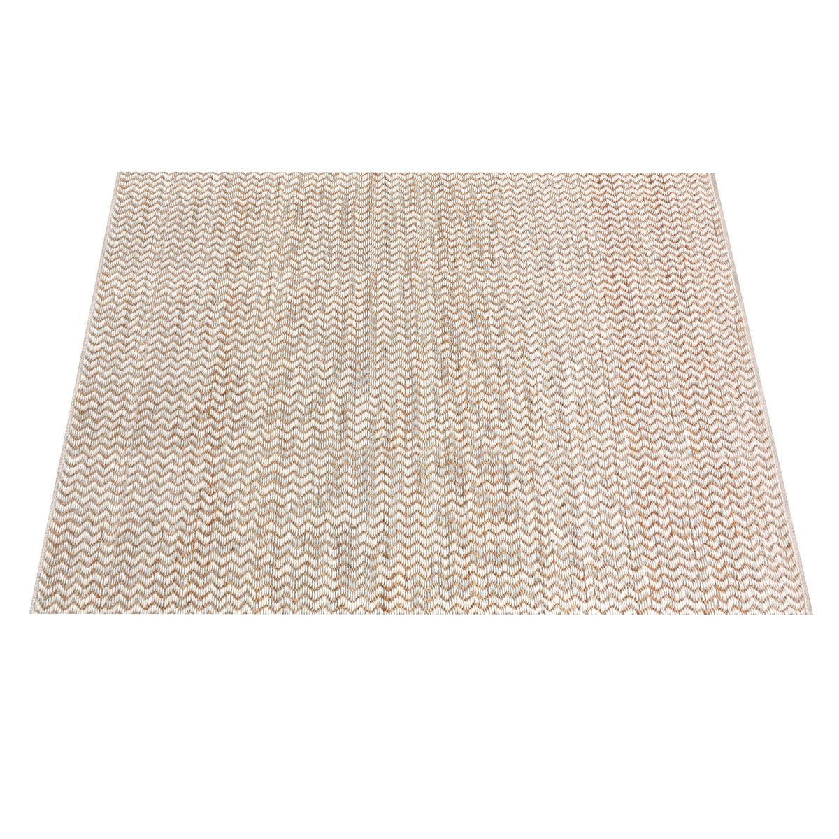 Chevron handwoven cream wool and jute rug with a herringbone chevron weave, in a living room