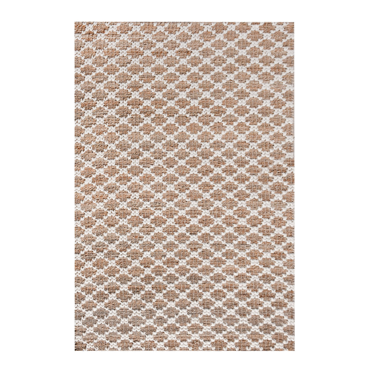 Lattice handwoven jute and wool rug with tan and ivory trellis pattern, in a dining room