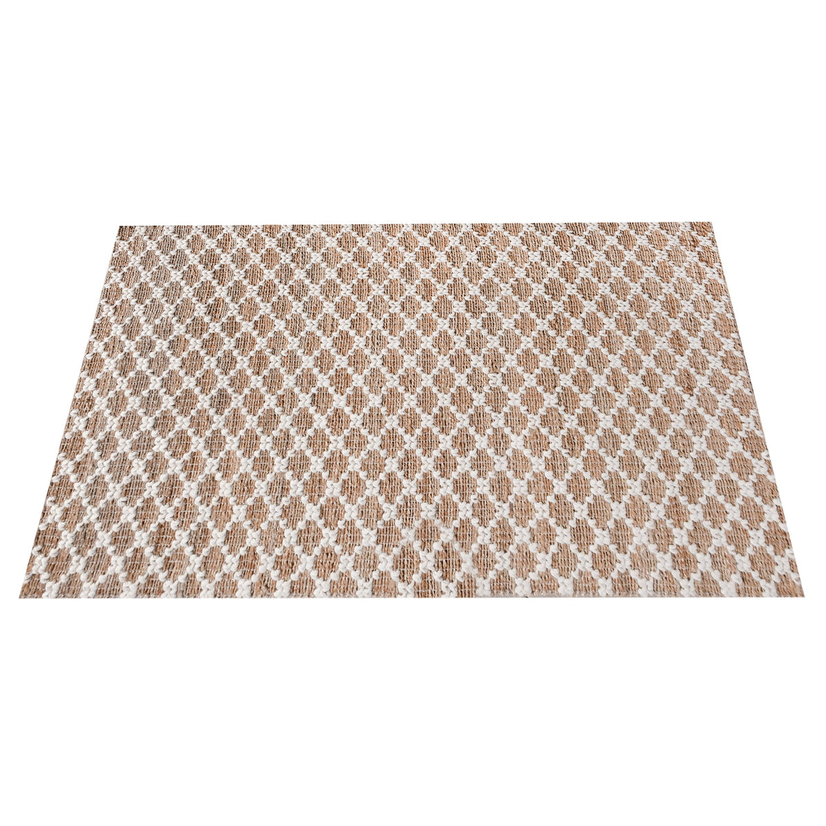 Lattice handwoven jute and wool rug with tan and ivory trellis pattern, in a dining room