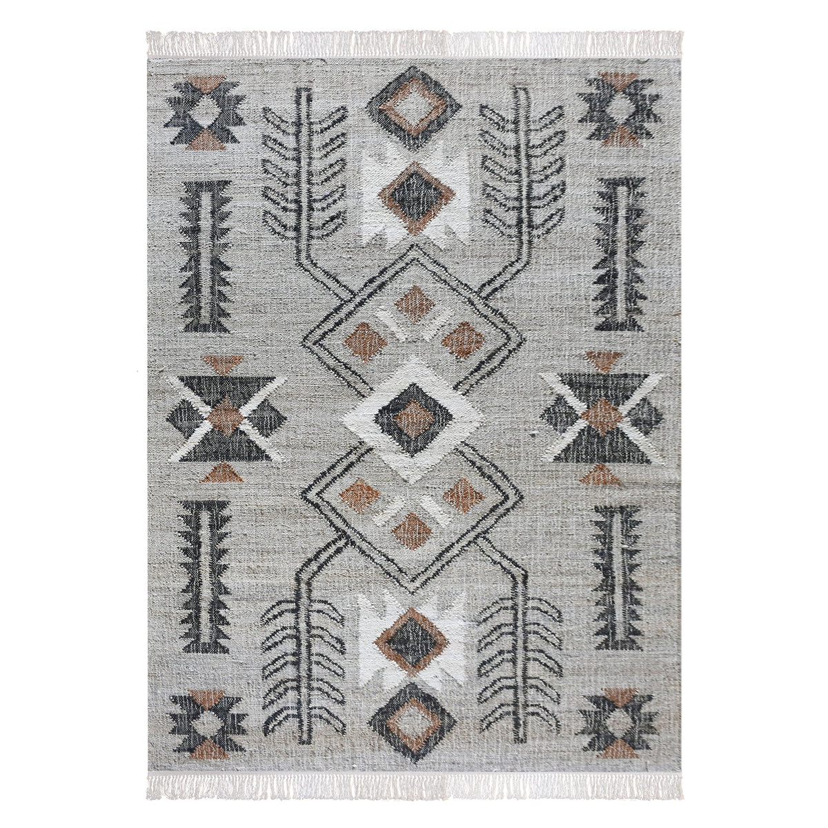 Terrain flatweave hemp rug with grey ground and terracotta and black motifs, in an entryway