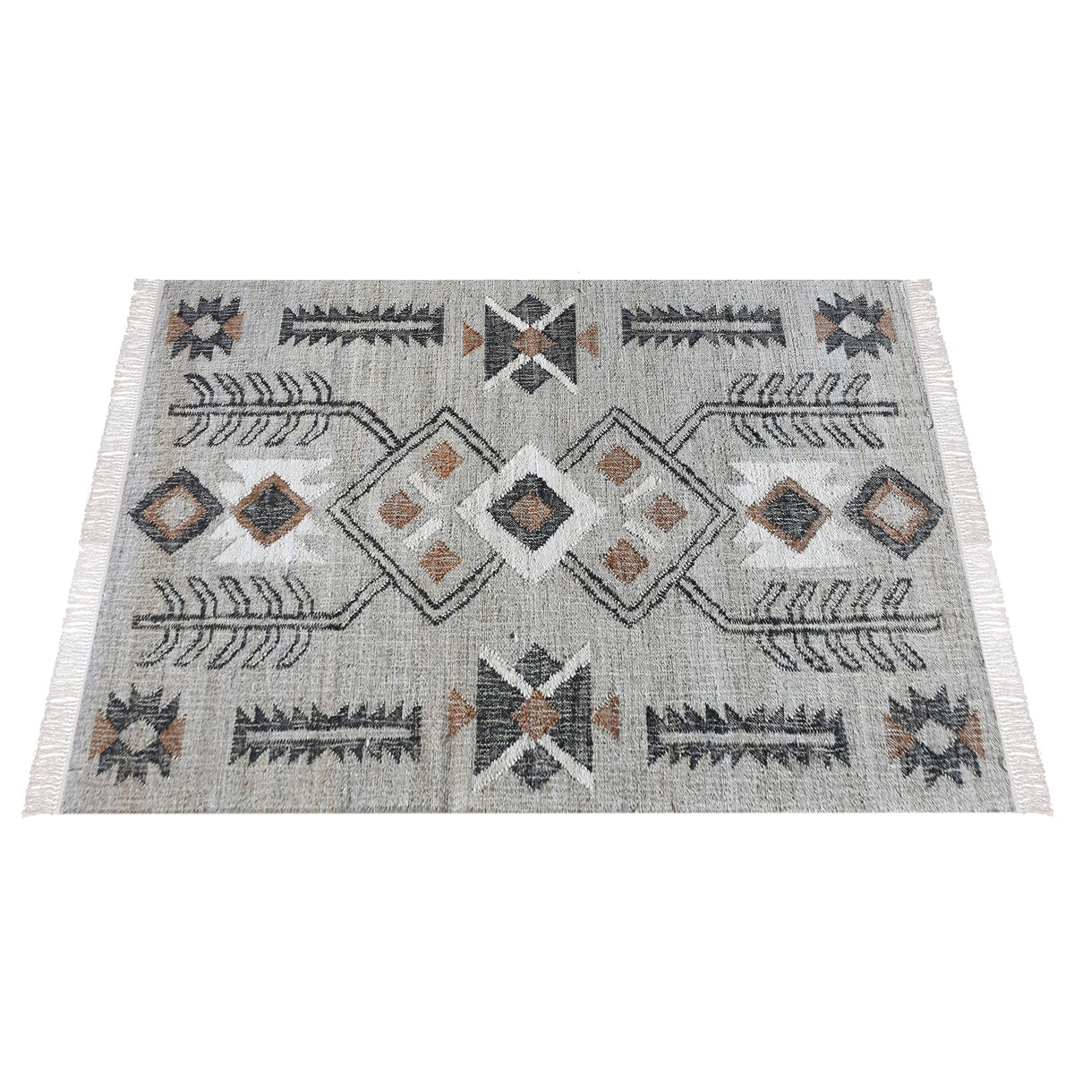 Terrain flatweave hemp rug with grey ground and terracotta and black motifs, in an entryway