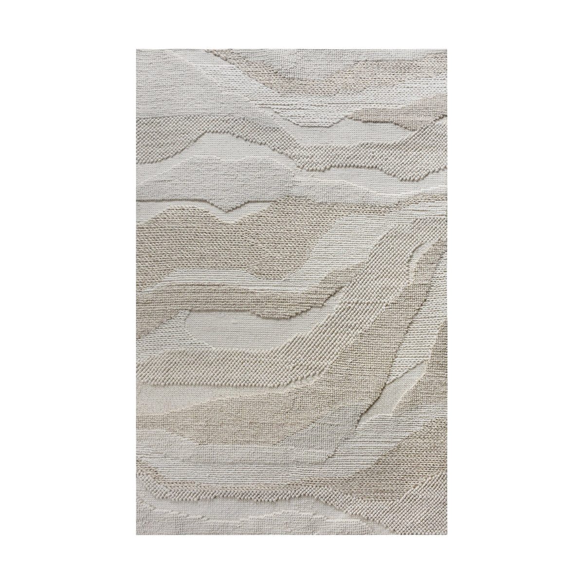 Pahad handwoven greige wool rug with carved contour waves, in a living room