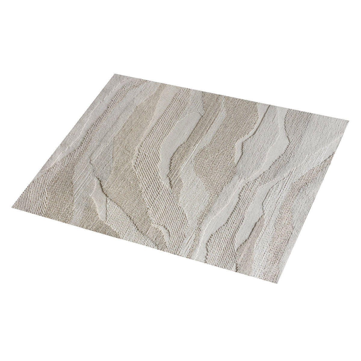 Pahad handwoven greige wool rug with carved contour waves, in a living room