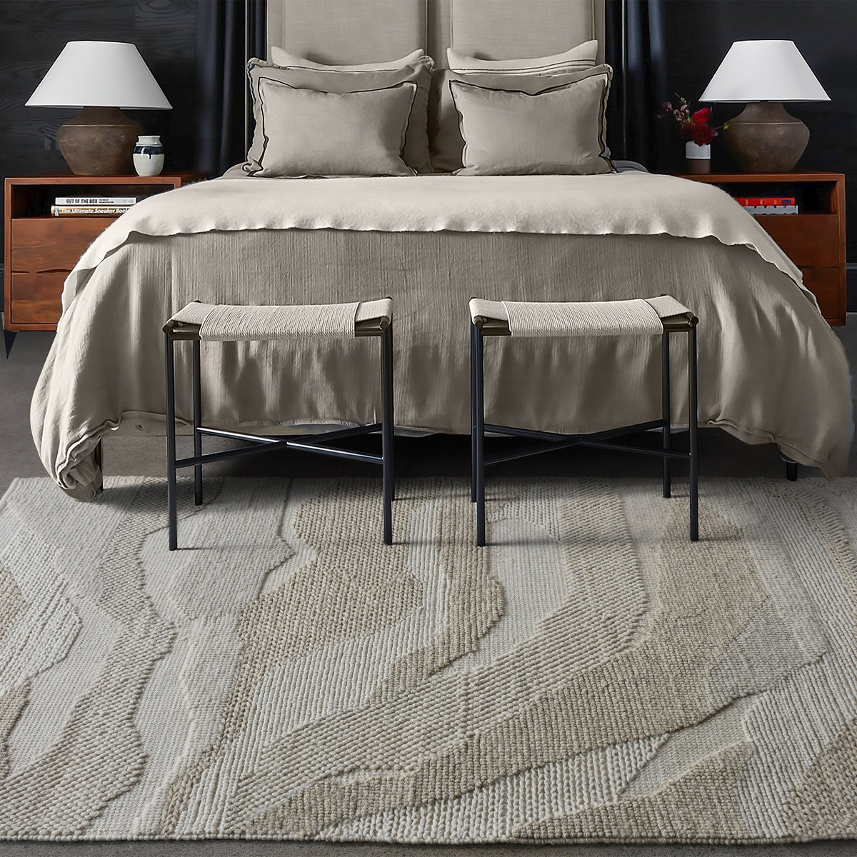 Pahad handwoven greige wool rug with carved contour waves, in a living room