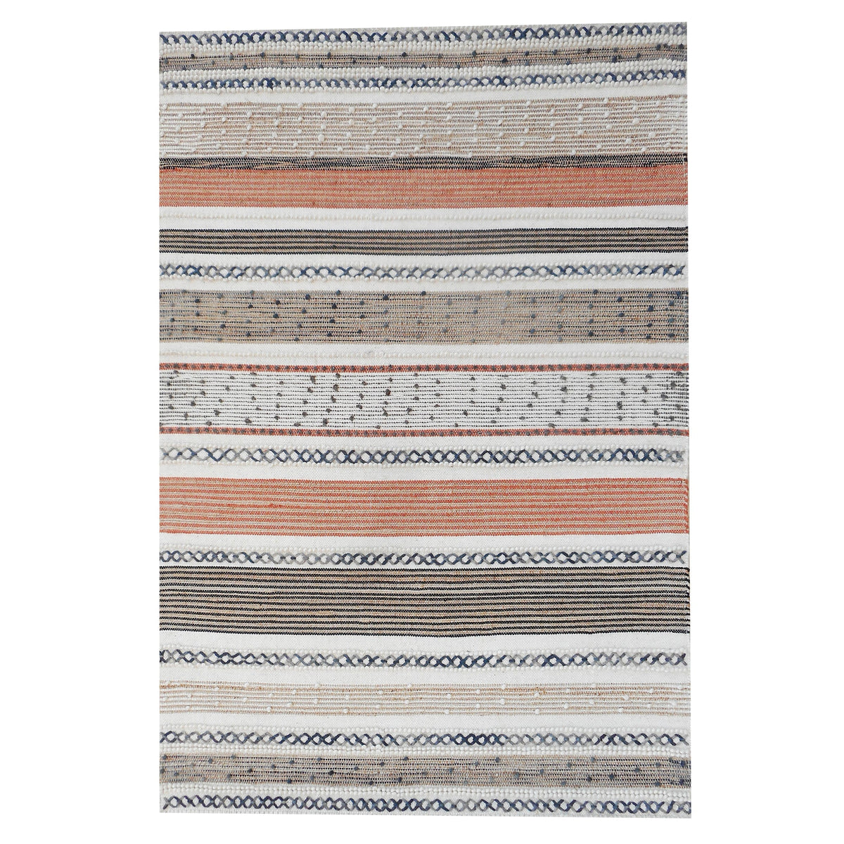 Bunting handwoven hemp and wool rug with horizontal rust, charcoal and ivory stripes, in a study