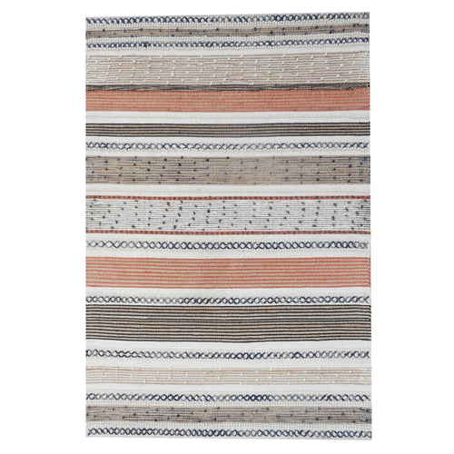 Bunting handwoven hemp and wool rug with horizontal rust, charcoal and ivory stripes, in a study