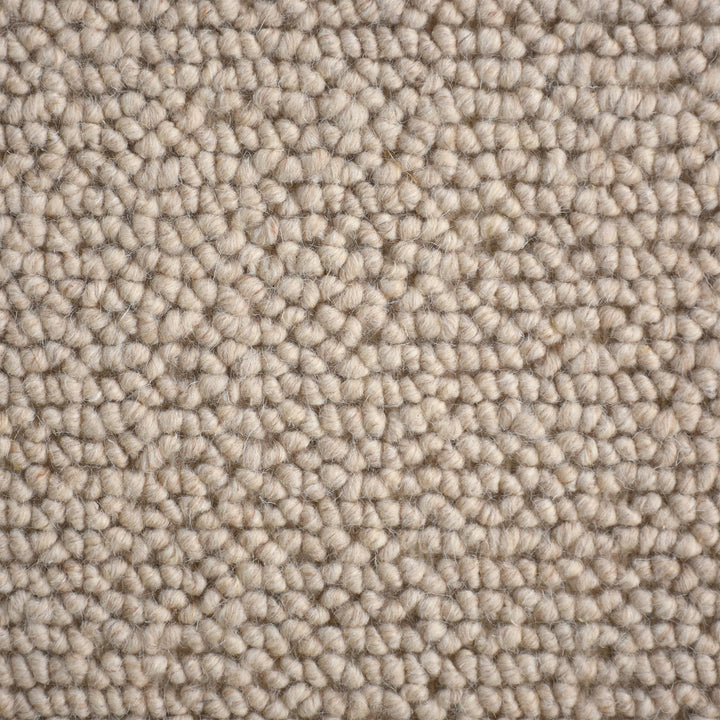 Hopsack flatweave wool rug in light beige with a nubby popcorn weave, in a living room