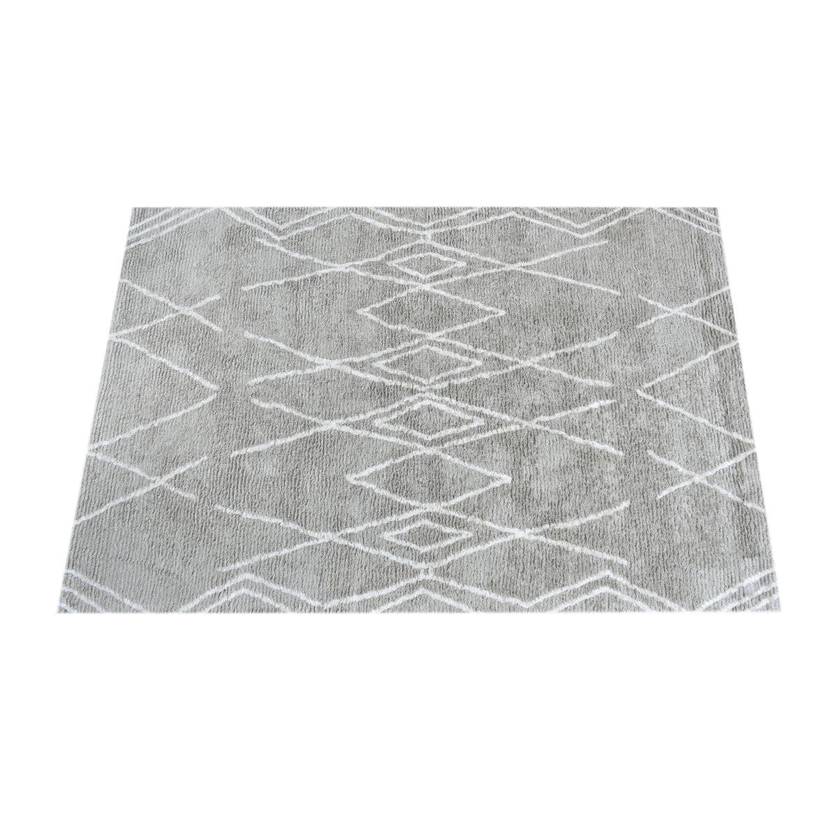 Jugnu tufted cotton and viscose rug with ivory diamond lines on silver grey, in a bedroom