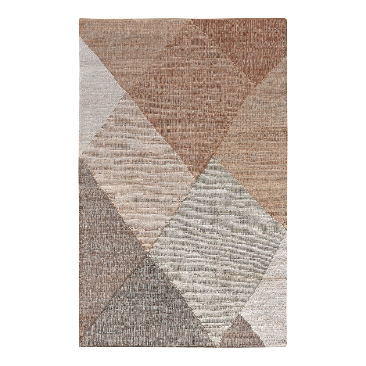 Patang handwoven jute flatweave rug with large blush, tan and grey diamonds, in a bedroom