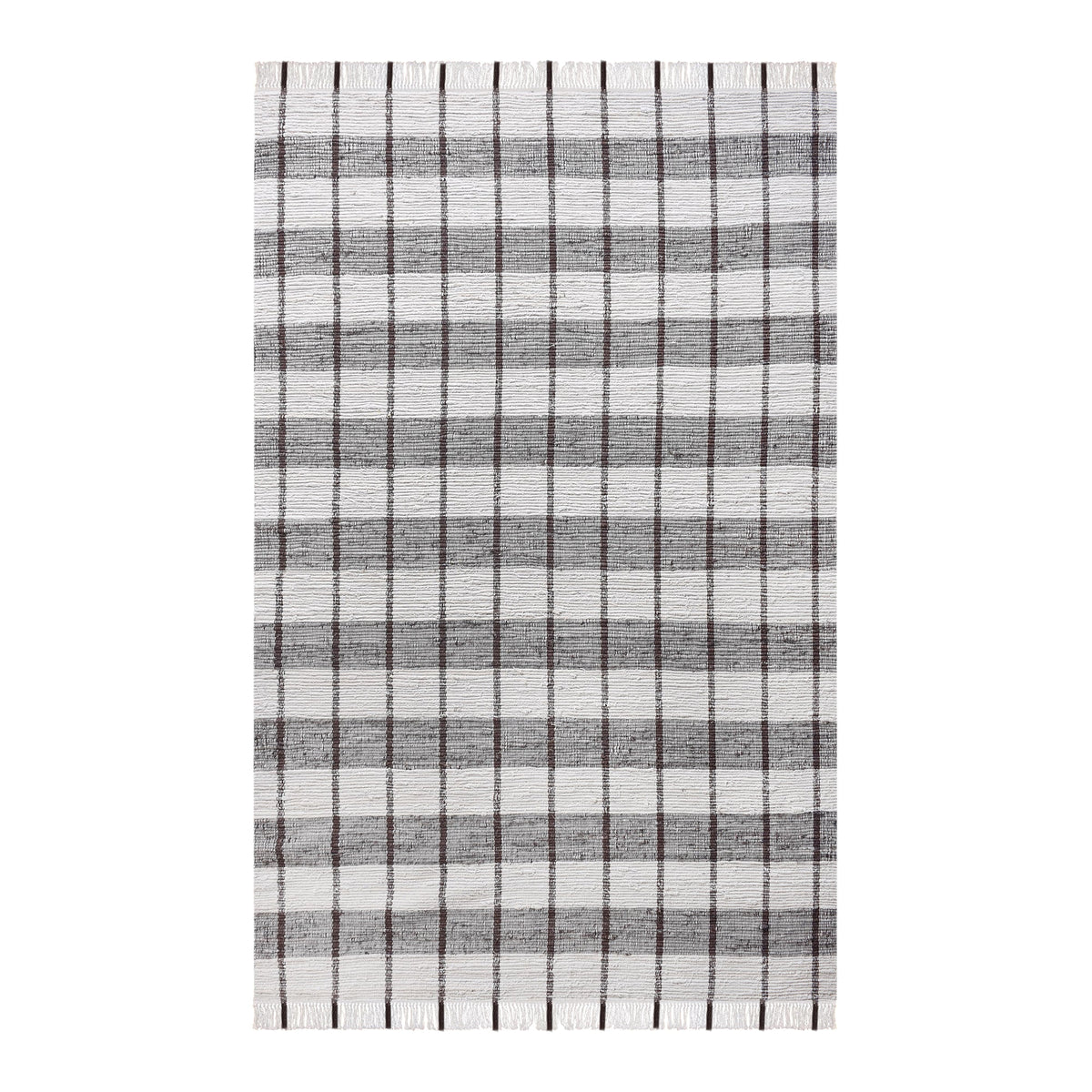 Gamcha handwoven recycled denim flatweave rug with a charcoal-grey and ivory buffalo check, in a living room