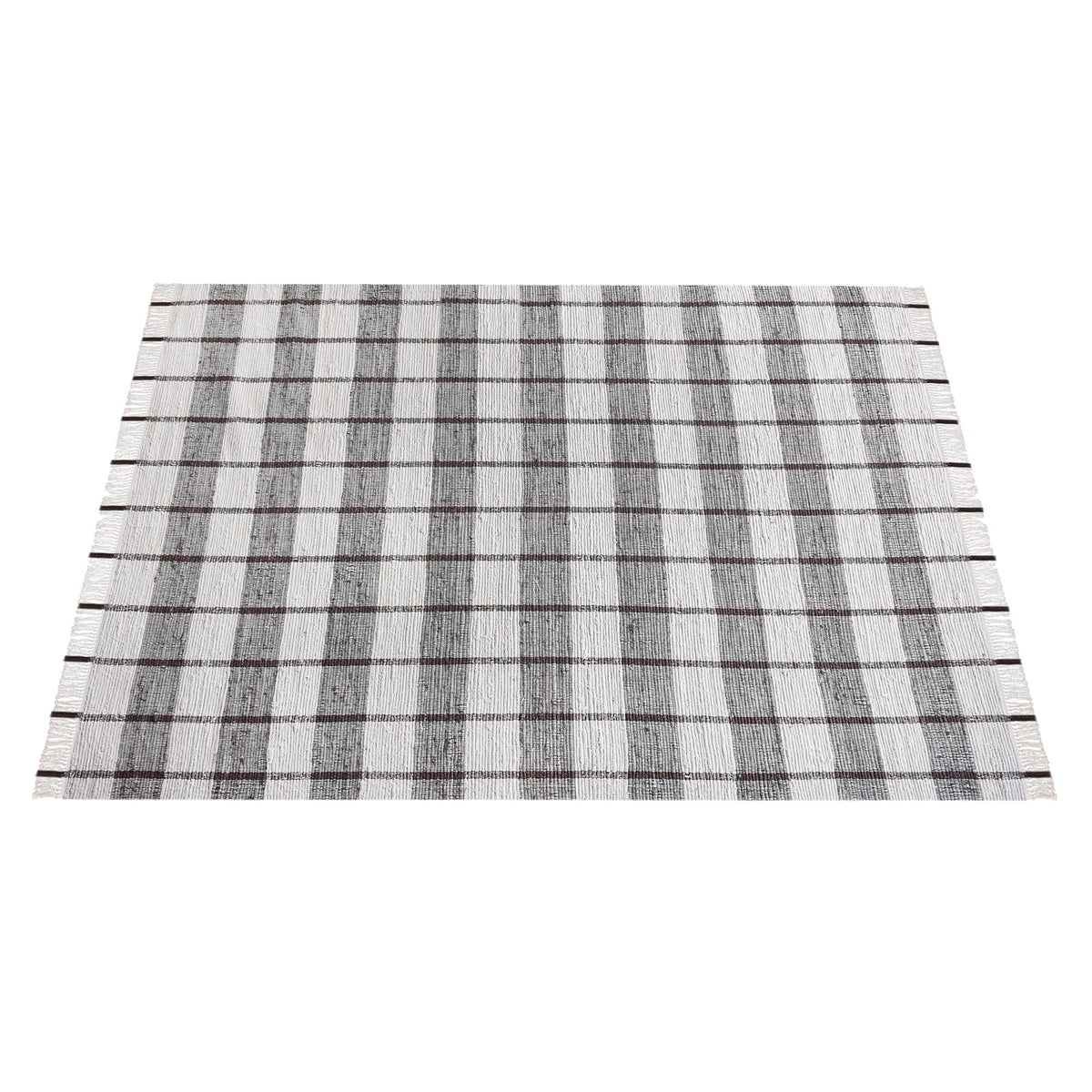 Gamcha handwoven recycled denim flatweave rug with a charcoal-grey and ivory buffalo check, in a living room