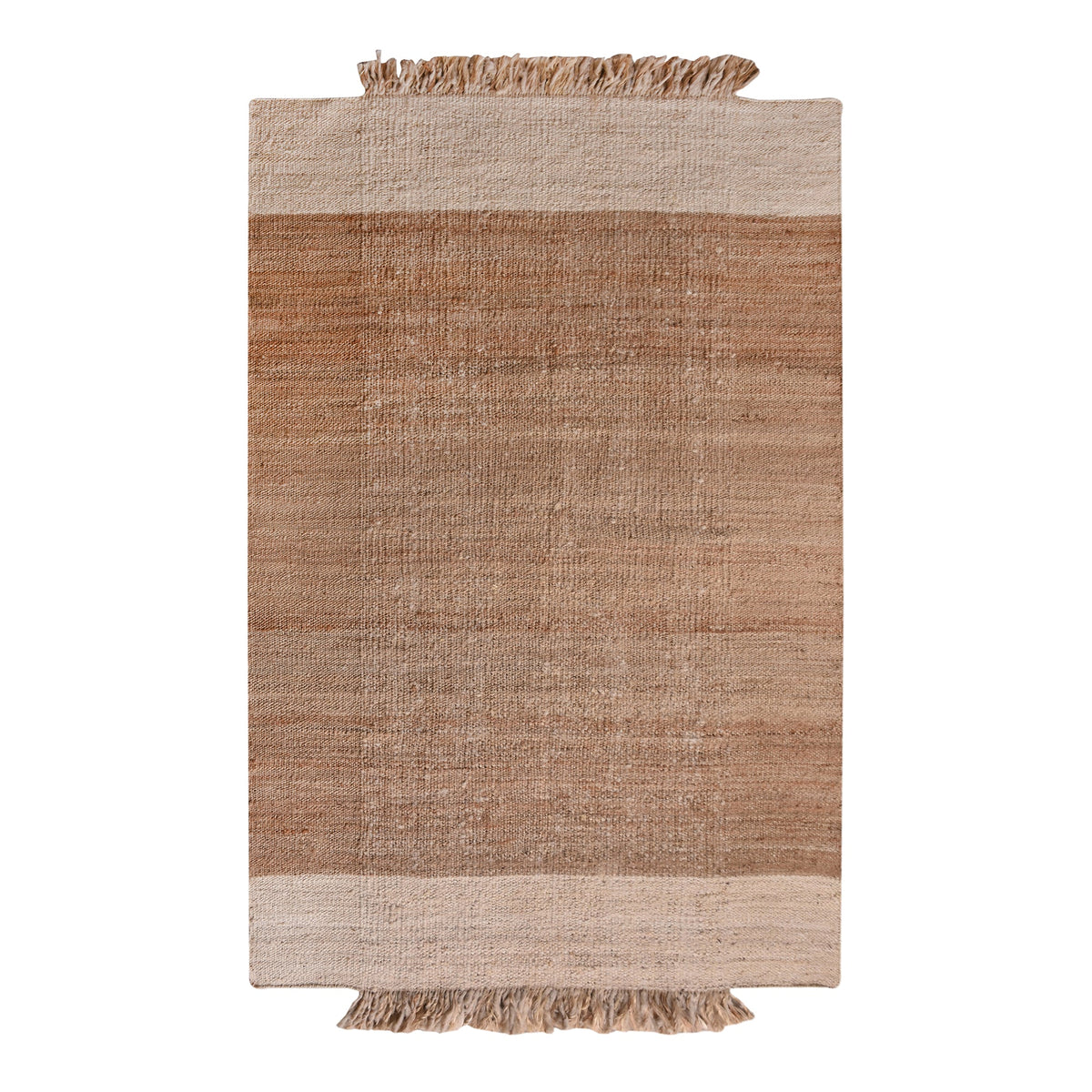 Sunbaked flatweave jute and wool rug in terracotta and blush colour blocks, in a living room