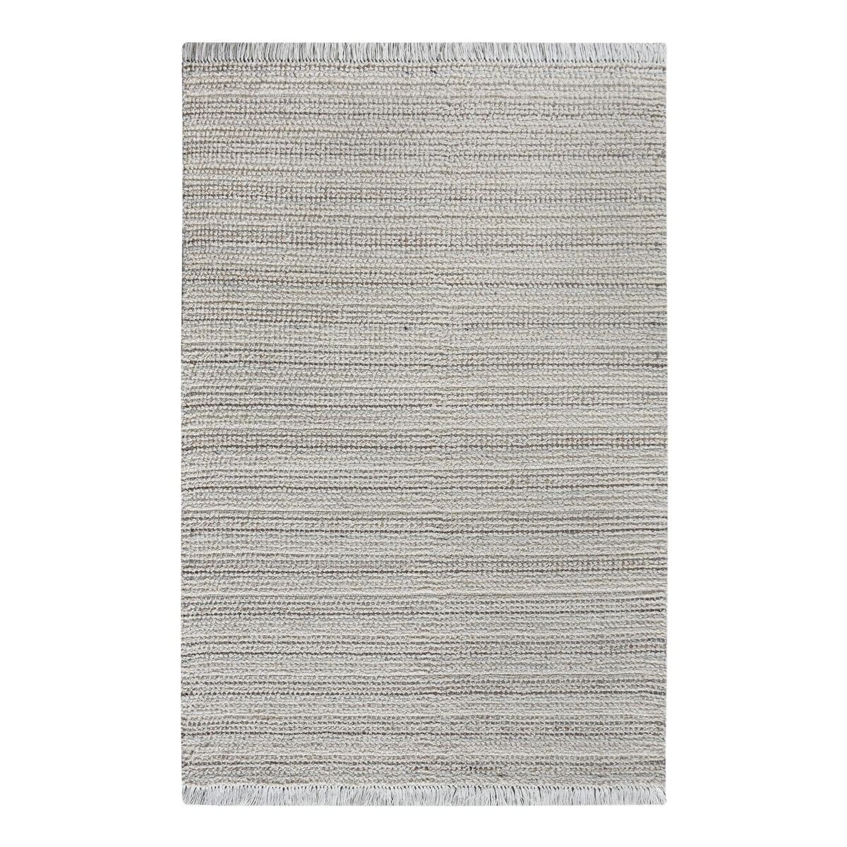 Kinara handwoven wool and jute rug in ivory and beige stripes, in a living room