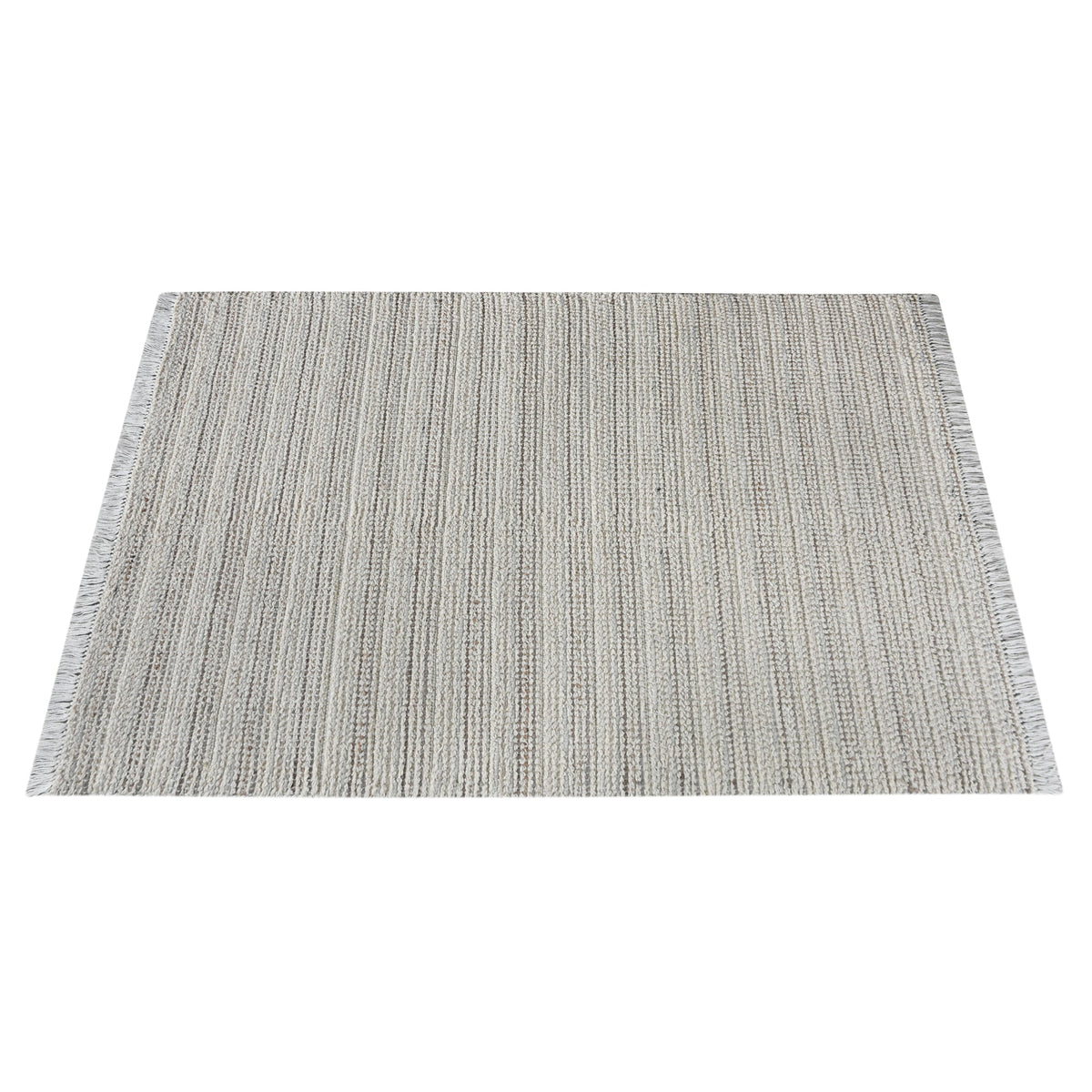 Kinara handwoven wool and jute rug in ivory and beige stripes, in a living room