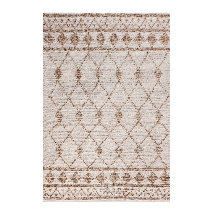 Driftwood handwoven jute rug with natural and grey diamond lattice, in a living room