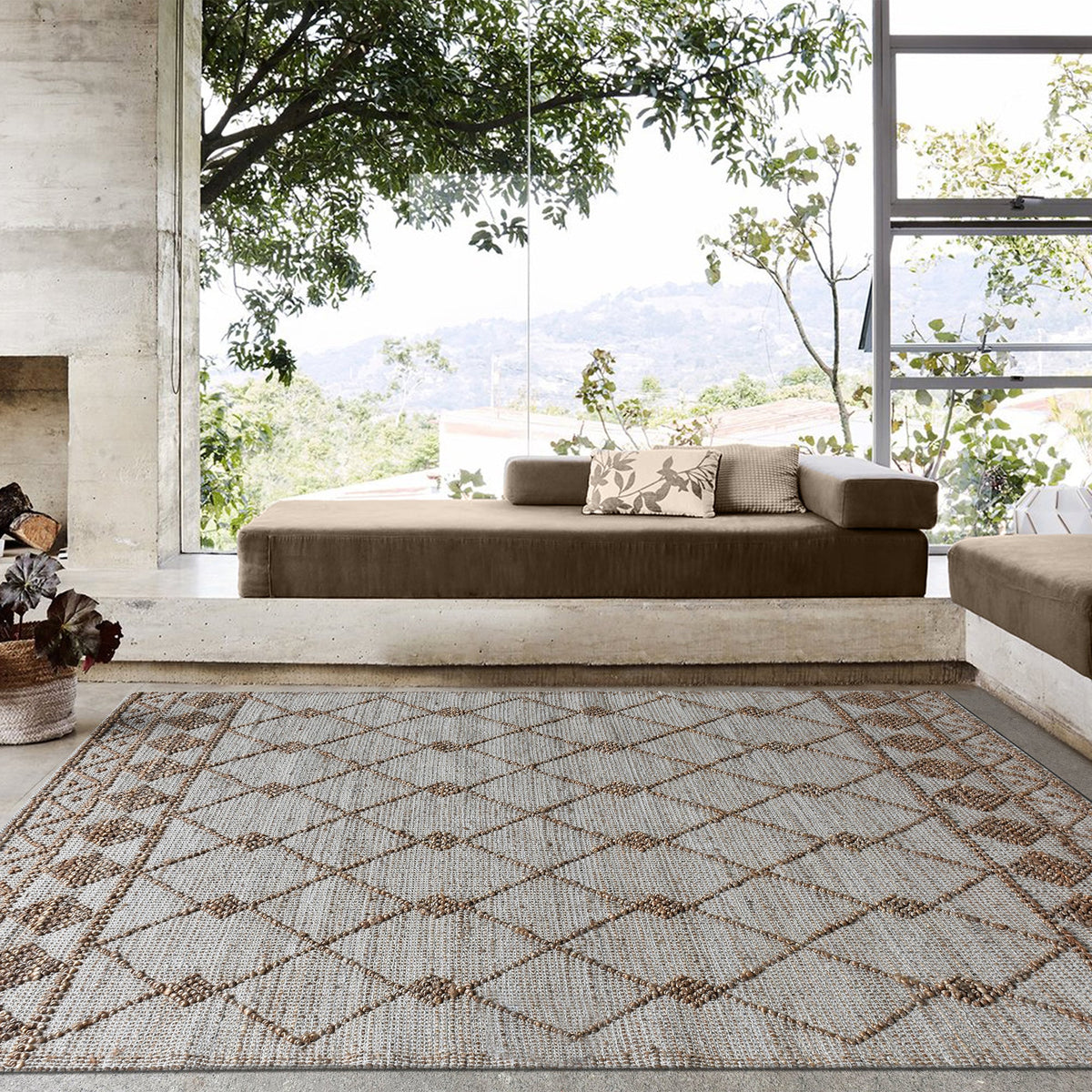 Driftwood handwoven jute rug with natural and grey diamond lattice, in a living room