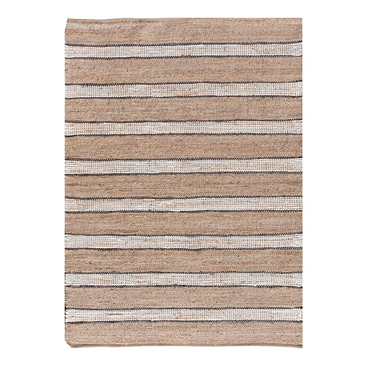 Hessian handwoven hemp and leather rug with ivory stripes on tan, in a dining room