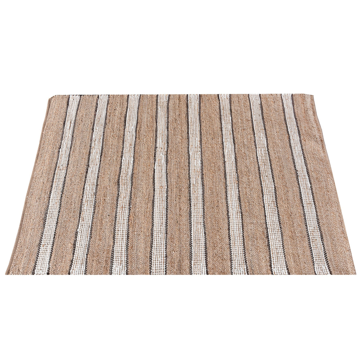 Hessian handwoven hemp and leather rug with ivory stripes on tan, in a dining room