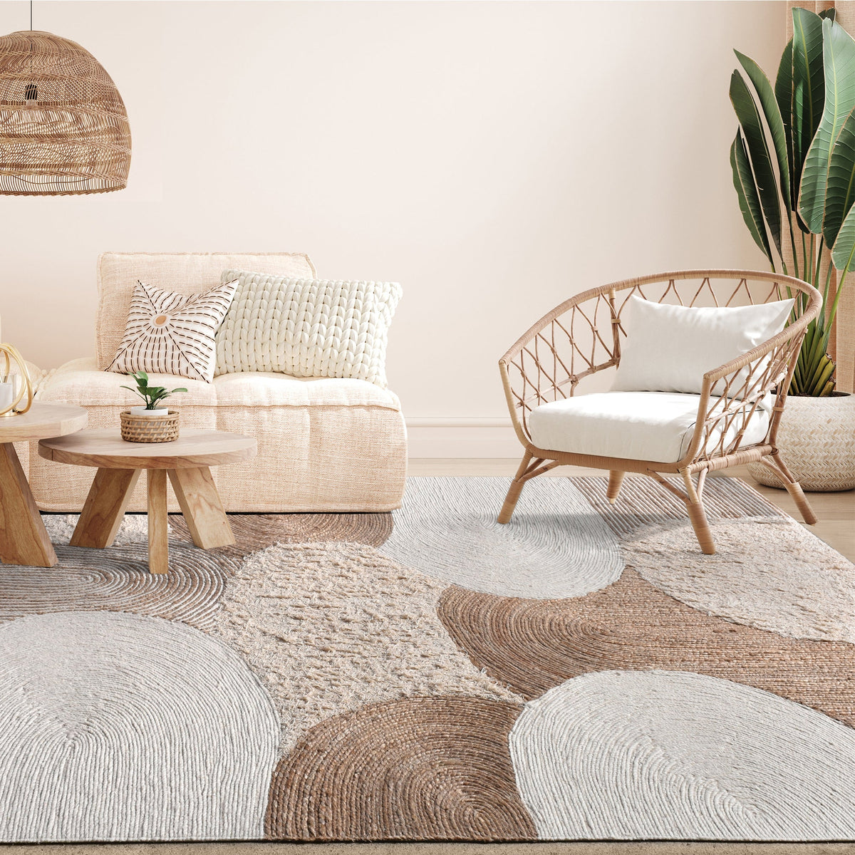 Boond handwoven wool, hemp and cotton rug with overlapping ivory and tan circles, in a bedroom