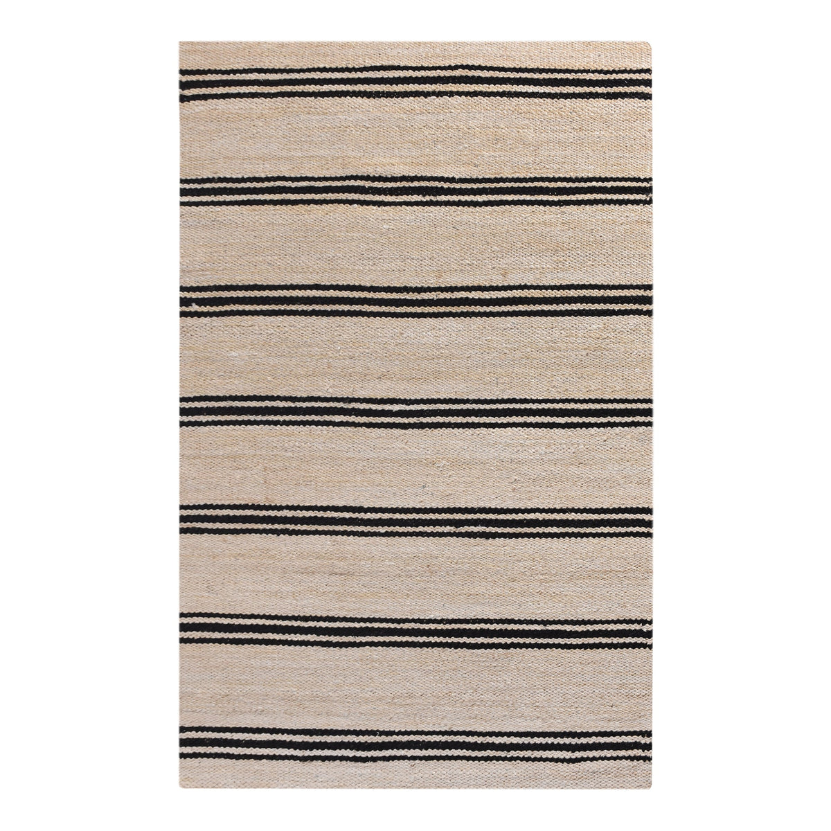 Khaat handwoven natural jute rug with black stripes, in a living room