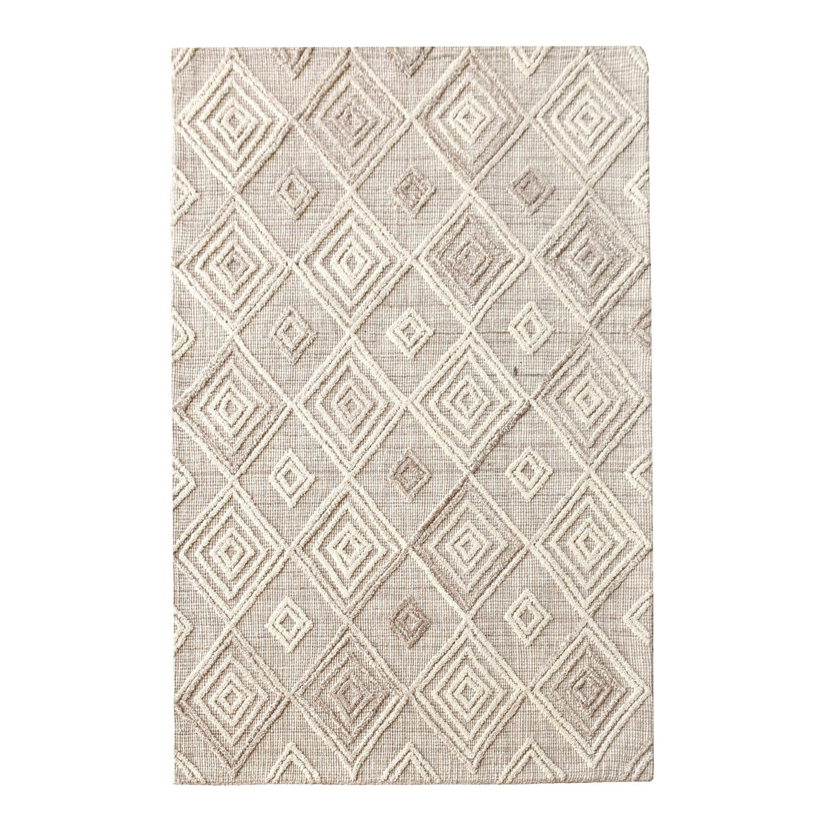 Jaali handwoven oatmeal wool rug with raised ivory diamond lattice, in a living room