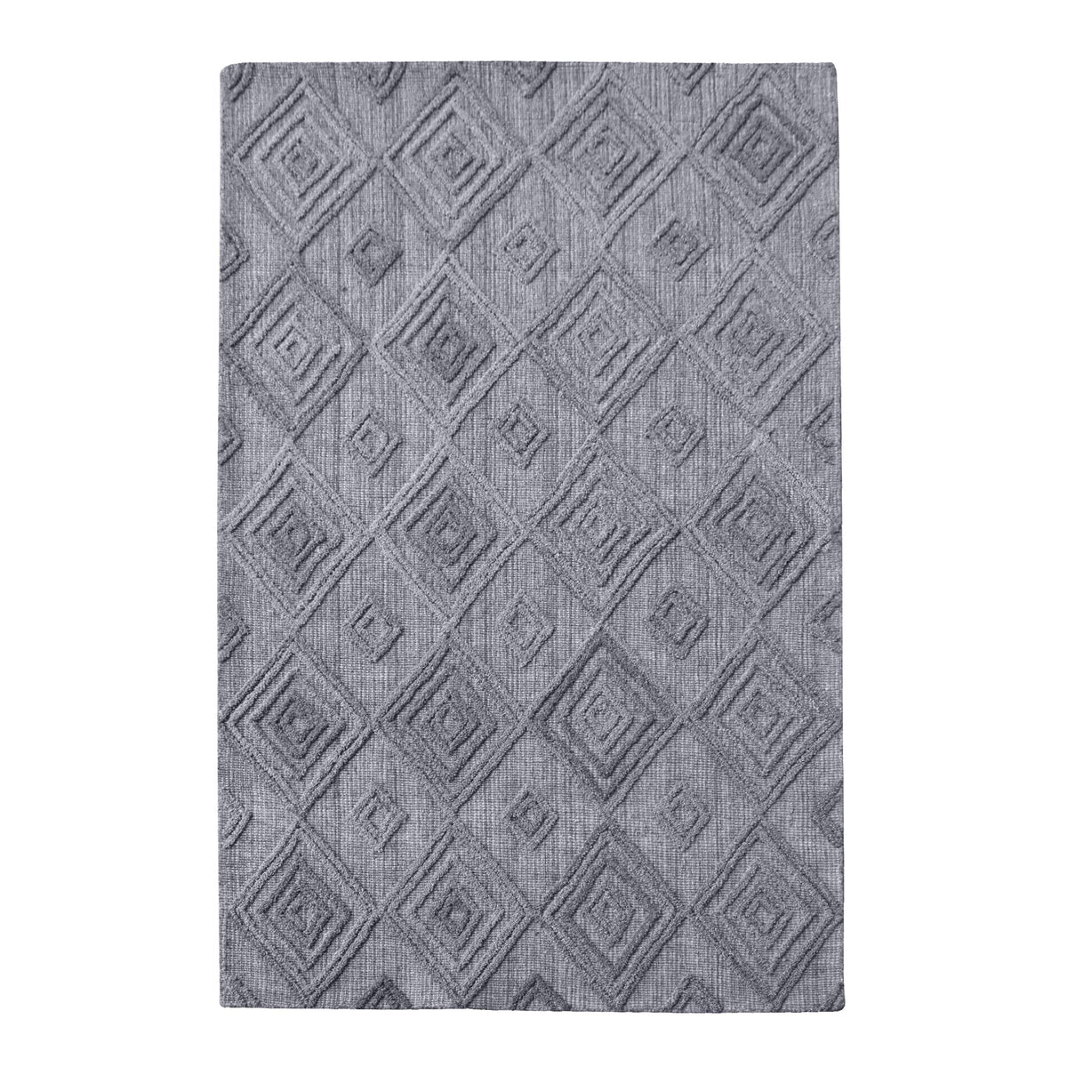 Jaali handwoven oatmeal wool rug with raised ivory diamond lattice, in a living room