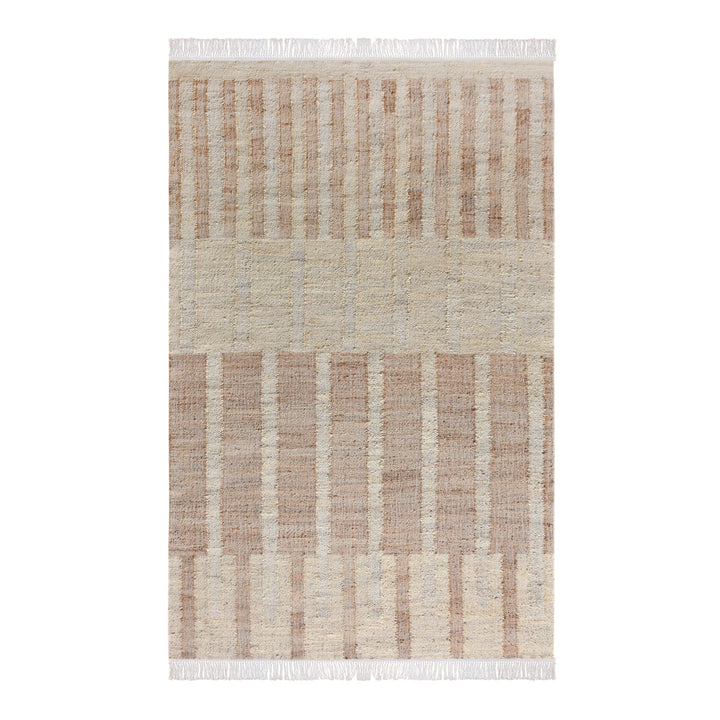 Diwar handwoven jute flatweave rug in natural, blush and ivory blocks, in a living room
