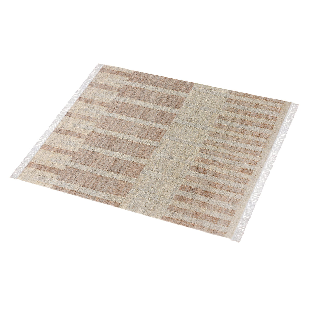Diwar handwoven jute flatweave rug in natural, blush and ivory blocks, in a living room