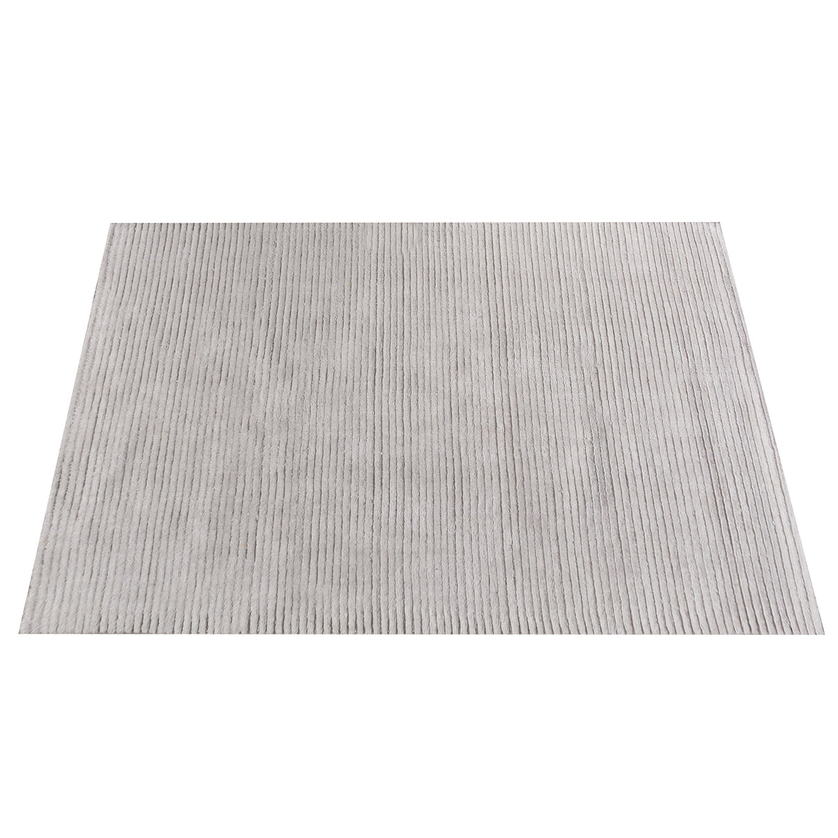 Megh handwoven NZ wool rug in light grey with wide ribbed vertical bands, in a living room