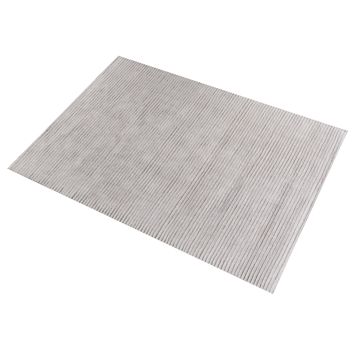 Megh handwoven NZ wool rug in light grey with wide ribbed vertical bands, in a living room